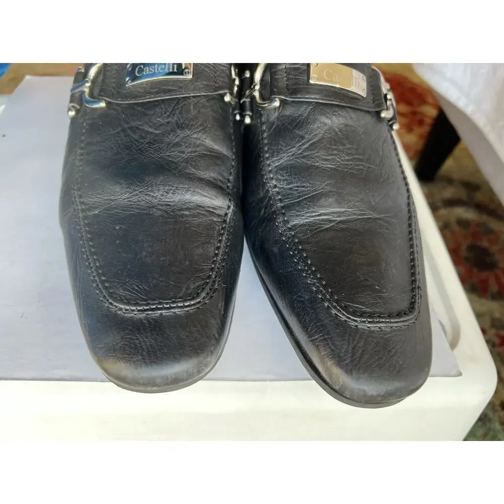 Stefano Castelli Men's  black Leather Loafers Shoes  EU 44  steel  buckle Italy